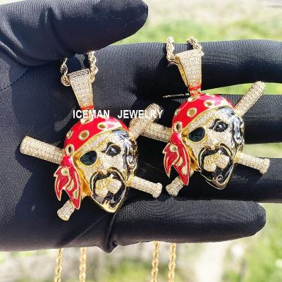 China Hiphop ICEMAN JEWELRY Iced Out 18K Gold Enamel Pirate Skull Pendant Necklace for sale