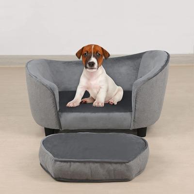 China Luxury Tufted Large Pet Dog Bed Pet Dog Sofa Wood Frame Removable Sofa Couch With Cushion for sale