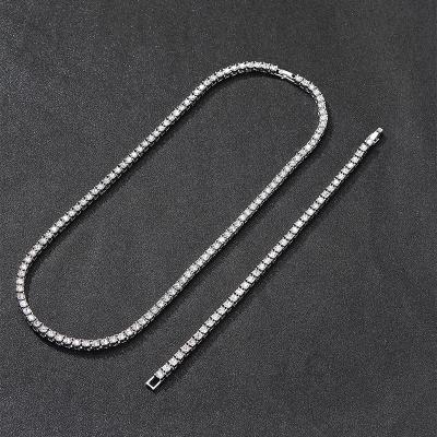 China 4mm Width Trendy Alloy Diamond Tennis Chain Necklace And Bracelet Set Bling Fashion Hip Hop Tennis Chain Cuban Jewelry Necklace for sale