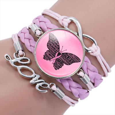 China 12 Designs Big Size Cute Pendant Breast Cancer Awareness Pink Ribbon Multilayer Braided Braided Adjustable Bracelet for sale