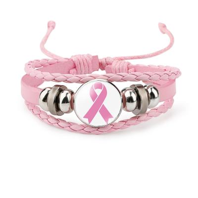 China PU Compilation 12 Designs Breast Cancer Awareness Alloy Multi-Layer Braided Bracelet Eco-Friendly Glass Pendant Bangle Adjustable Bracelet for sale