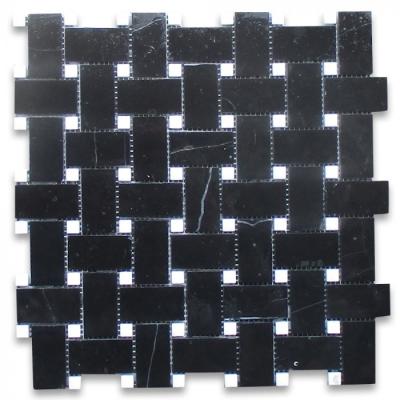 China White Marble Nero Marquina W Dots Honed Modern Black 1x2 Basketweave Marble Mosaic Tile for sale