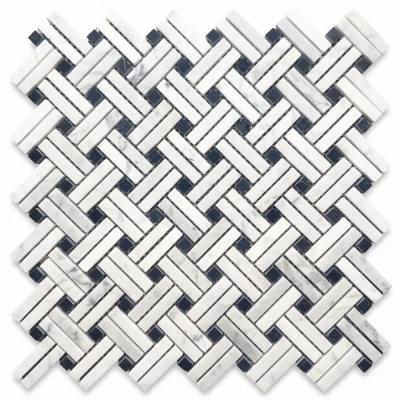 China Modern White Diagonal Stanza Dots Marble Mosaic Tile Polished Black Carrara Basket Weave for sale