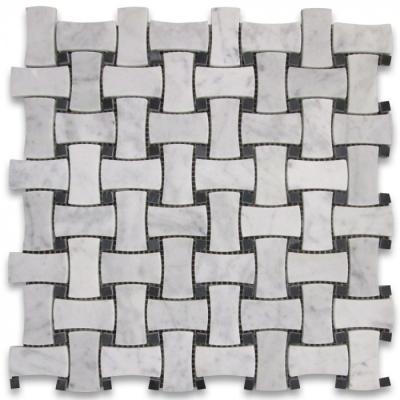 China Modern White Wicker Black Dots Honed Carrara 1x2 Dogbone W Weave Mosaic Tile for sale