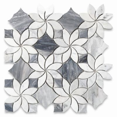 China Modern White Marble Flower Ice Carrara Waterjet Mosaic Tile W Bardiglio Gray Honed for sale