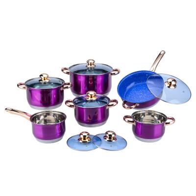 China Sustainable Hot Selling 12 PCS Kitchen Stainless Steel Nonstick Cookware Set With Purple Color Painting for sale