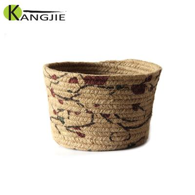 China Sustainable Handmade Customize Flower Printing Small Jute Gift Storage Basket for sale