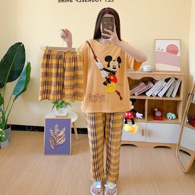 China QUICK DRY Hot Sales Autumn Summer Short Sleeve Long Cute Cartoon Pants 3 Pieces Sets Women Pajamas for sale