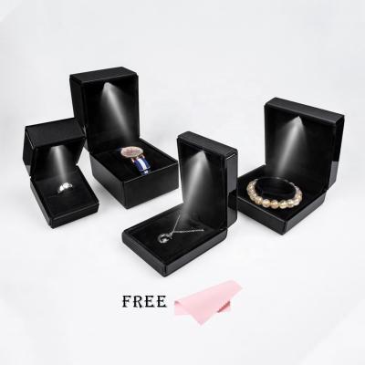 China Custom Black Leather Jewelry Display Packaging Gift Box PU LED Logo Ring Pendant Necklace Bangle Watch Jewellry Packaging Boite bijoux for sale