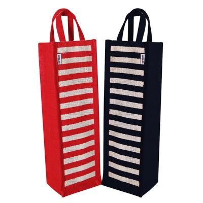 China Fashion high quality strip printed jute wine tote gift bag pouch promotional single jute wine bottle bags for sale