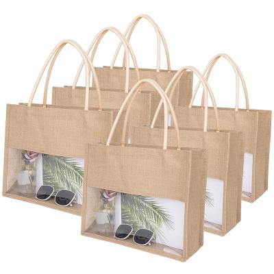 China Fashion wholesale burlap jute tote bag with pvc window jute tote bags with custom printed logo waterproof jute tote shopping bag for sale