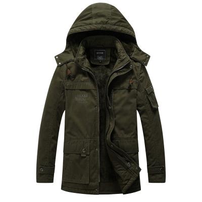 China New style winter windproof washed jacket with velvet to keep men's mid length hooded jacket warm and cold-proof for sale