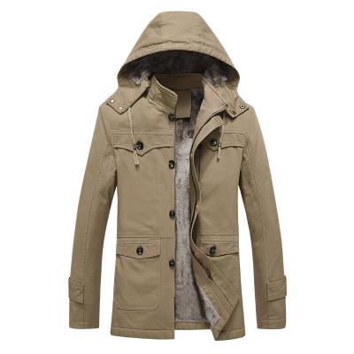 China 2022 QUICK DRY Mens Hooded Work Jacket Thickened Fleece Striping Mid Length Parka Mens Anorak Cotton Warm Wash Solid Color Jacket for sale