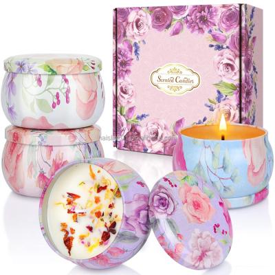 China Portable Tin Set Natural Scented Candles Gift Travel Lavender Lemon Fig Metal Soy Wax Recyclable Luxury Spa Candle for sale