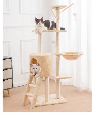 China Tower Beige Viable Cat Tree House by Gray Luxury Cat Condo Play with Wooden Post Scratcher Pet House Sisal Wood Cat Tree Furniture for sale