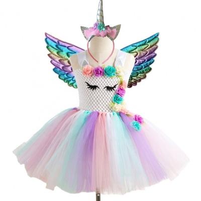 China Colorful Flowers Unicorn Headdress Knee Length Tutu Mesh Layered Party Dress by Hign Viable Quality Sleeveless Shoulder Strap for sale