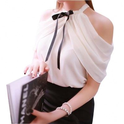 China New Arrival Sexy QUICK DRY Women All-match Elegant Bow-knot Off Shoulder Halter Chiffon Blouses Full Designs for sale