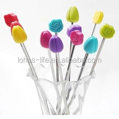 China Disposable Custom Flower Shaped Coffee Stirrer With Colorful Silicone Head for sale