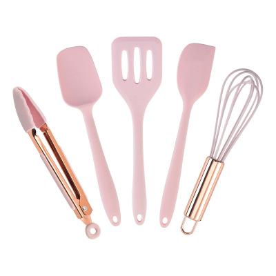 China Viable Hot Pink Kitchen Silicone Utensil Set Kitchen Silicone Tips Tongs Tongs Spatula Spoon Beater 5pcs for sale