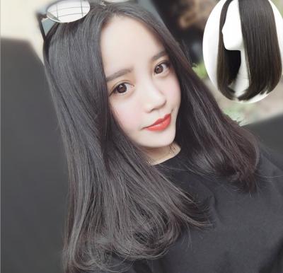 China European and American wig deep wave ladies shoulder length long nature fluffy black fashion full head set no bangs 35cm for sale