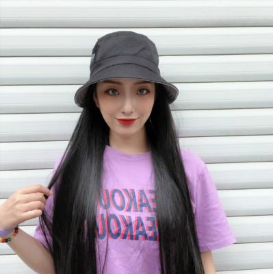 China Deep wave hats with hair tied black straight hair female fashion long full head set wholesale ladies girl 50-60cm for sale