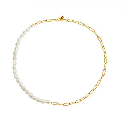 China FASHIONABLE Tasty Pearl Necklace Chain Necklace Gold Plated Women Half Pearl Half Chain Necklace Stainless Steel Jewelry Pearl Necklace for sale