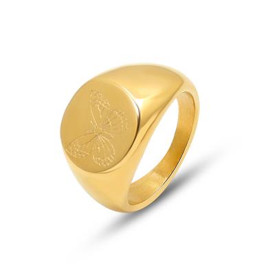 China Customized Neo-Gothic Fashion Stainless Steel Jewelry Gold Plated Engraved Butterfly Seal Ring Women Jewelry for sale