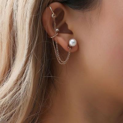 China Long Chain Tassel Fashion News Style Ear Cuff Clip Earrings Punk Imitation Pearl Earrings For Women Female Jewelry for sale