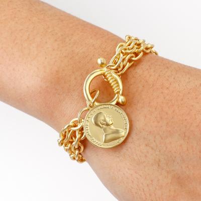 China Custom Classic Matte Gold Round BOHEMIA Retro Vintage Portrait Coin Bracelet Head Bracelet For Women Men for sale