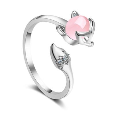 China Pink Open Cat Eye Stone Fox Shape Ring Rose Gold Silver Plated Adjustable Cute Korean Style Alloy Metal Women Ring for sale