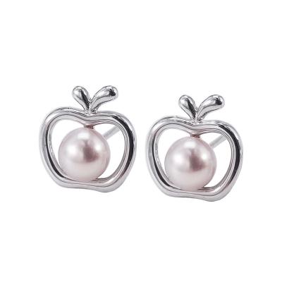 China Cute Hot Sale Earrings Stud Fruit Style 925 Sterling Silver Rhodium Plated Fresh Water Pearl Apple Earrings Jewelry For Girls for sale