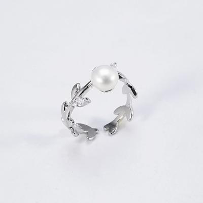 China Lady Accessories 925 Fashion Vintage Rings Freshwater Silver Pearl Open Size Ring Jewelry Silver Leaves for sale