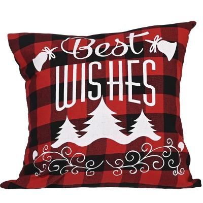 China Red Black Polyester Christmas Farmhouse Plaid Braid Script Cushion Cover for sale