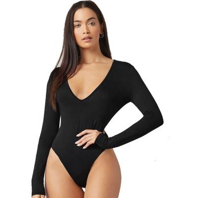 China White 2021 Autumn New Women's QUICK DRY V-Neck Stretchy Long Sleeve Plunging Neck Solid Fitted Jumpsuit for sale