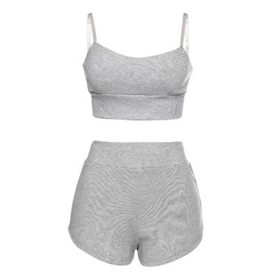 China Custom Women Summer Anti-Pilling Casual Gym Workout Plain 2 Piece Suit Ribbed Crop Sexy V-Neck Crop Cami Top Shorts Set Gray Adjustable Strapes for sale