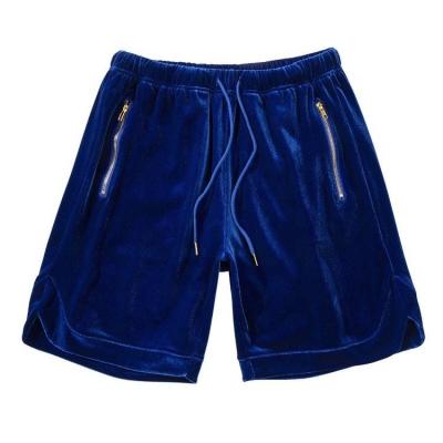 China Custom Streetwear Men Logo Breathable Velvet Shorts Knee Length Elastic Waist Zipper Pockets Velvet Shorts for sale