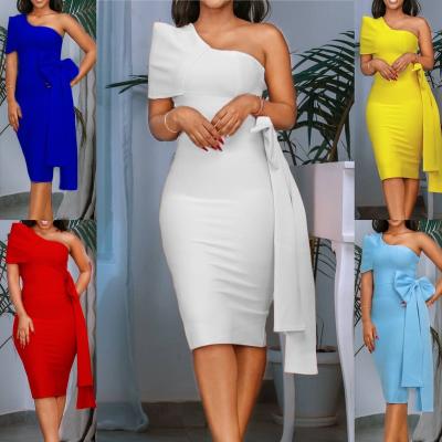 China Anti-wrinkle Summer New Arrival Solid Slim Bow Off The Shoulder Elegant Casual Dresses Women Party Dresses 2022 for sale