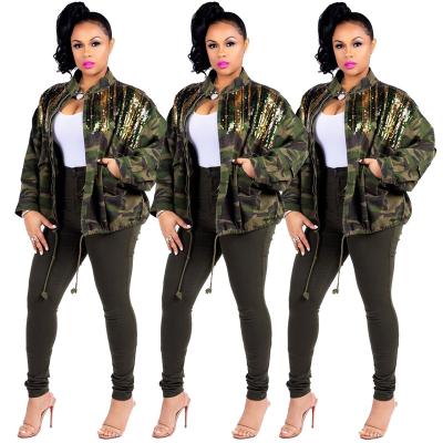 China Anti-wrinkle Women's Green Camouflage Long Sleeve Jean Coat Sparkle Glam Sequin Autumn And Winter Coat For Women for sale