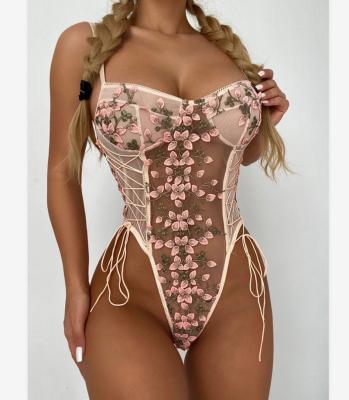 China 2021 Lace Embroidery Bandage Sexy Lingerie Jumpsuit For Women Sexy Transparent Lingerie Nightgown Set Mesh Bodysuits for sale