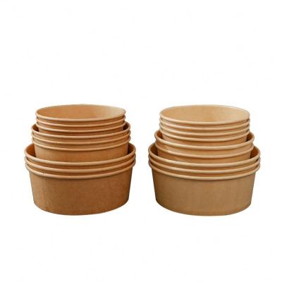 China Disposable Wrapping Decal Waterproof Food Grade Take Away Disposable Round Brown Kraft Paper Salad Bowl With Lid for sale