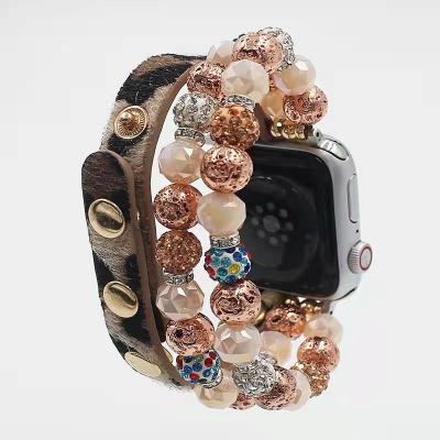 China Easy Listing New Luxury Leather And Pearls Diamond Smart Watch Strap For Apple for sale