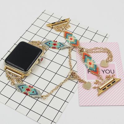 China New Style Bead Weave Elastic Metal String Hand Knitting Stretchy Watchband For Apple Watch i for sale