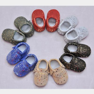 China Anti-Smell Polka Dot Printed Tassel Genuine Leather Baby Shoes Moccasins Slip On Infant Shoes for sale