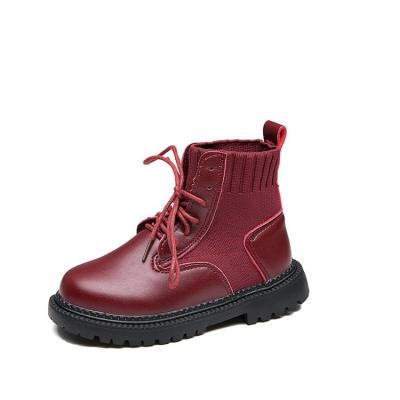 China Anti-Smell PU Leather Round Toe Kids Boots Shear Scratch Full Lace Winter Boots For Kids for sale