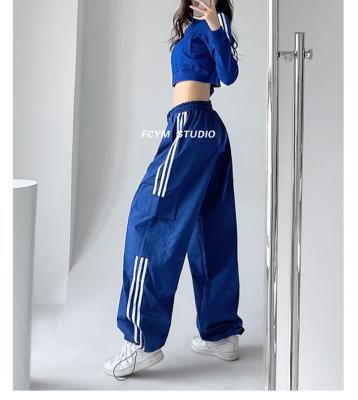 China Anti-wrinkle Wholesale Striped Sweatpants Women Hip Hop Streetwear Baggy Wide Leg Cargo cotton Pants High Waist Drawstring Joggers Trousers N for sale