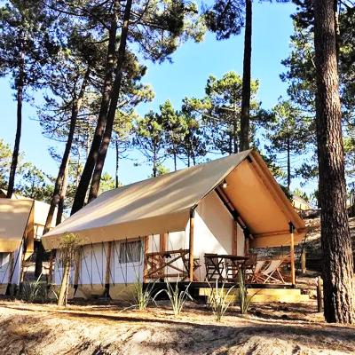 China Prefab Luxury Hotel Camping Outdoor Wooden Glamping Safari Tent Plywood Pole Frame Wood House Villas for sale