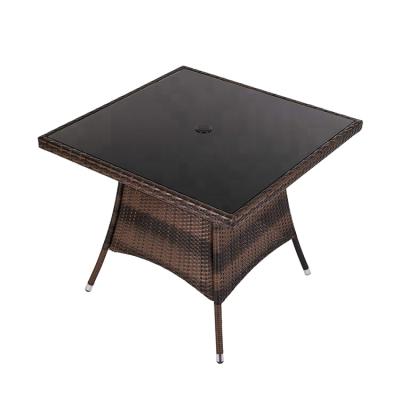 China In Stock Patio Outdoor Tempered Glass Top Square Rattan Wicker Dining Table, Umbrella Stand Square Table for sale