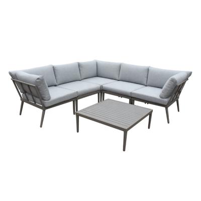 China In Stock Outdoor Light Gray V Shaped 5 Seater Aluminum Sofa Set With Water Resistant Cushions for sale