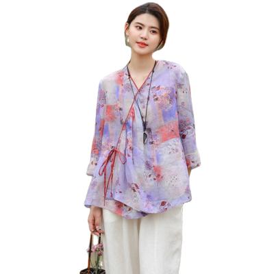 China New Type Breathable Retro Well Selling Ladies Shirts Tops New Summer Autumn Chinese Style Female Print Blouses Seven Sleeve for sale