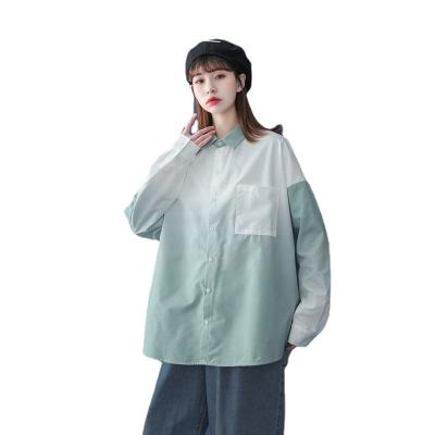 China Viable Spring Autumn Ladies Shirts Loose Fit Pocket Long Sleeve Color Blocking Women's Shirts Summer Blouses for sale